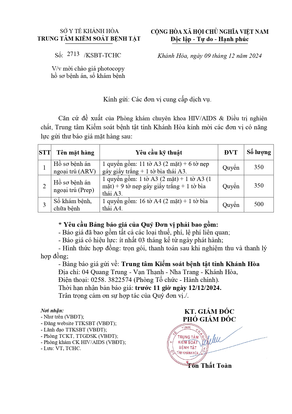 V/v mời chào giá photocopy hồ sơ bệnh án, sổ khám bệnh